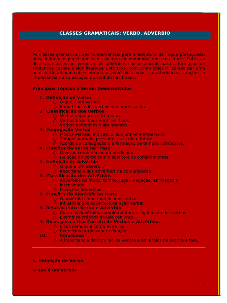 Verbos e Advérbios na Língua Portuguesa | PDF | Advérbio | Assunto ...