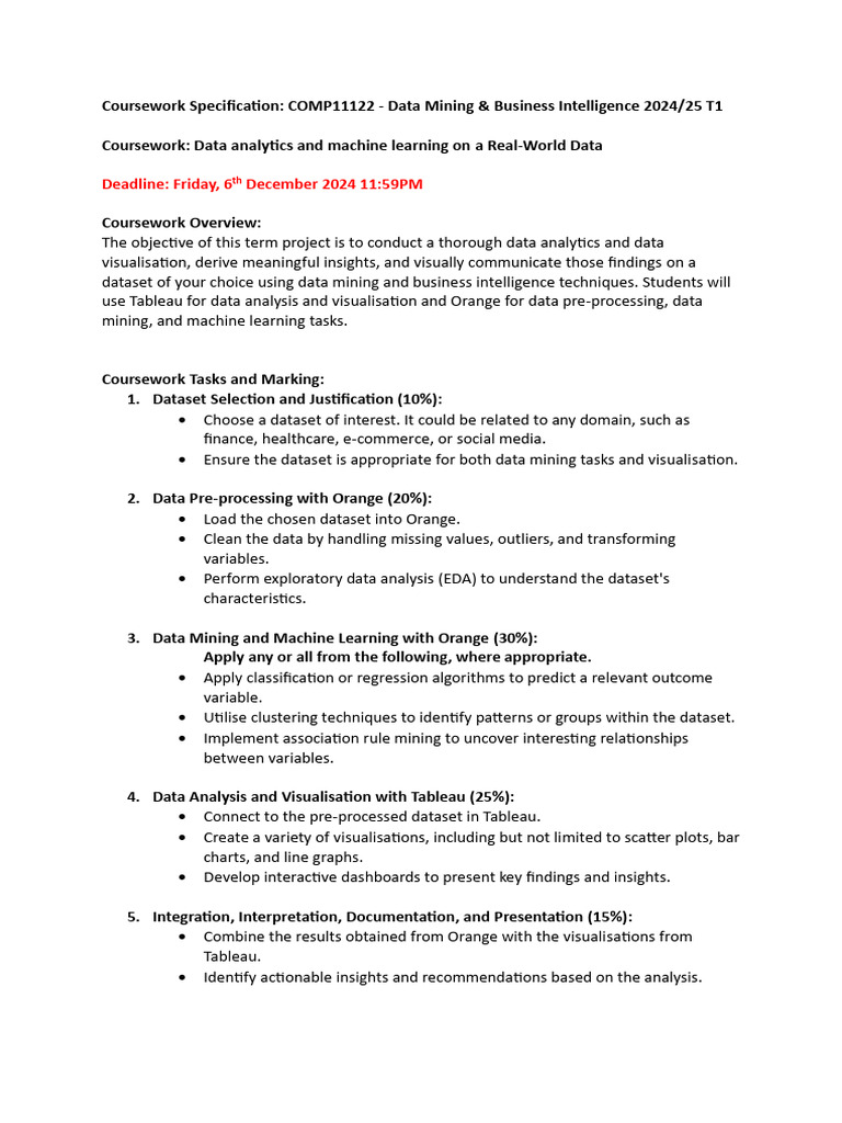 Data Mining & BI Coursework Guide 2024 | PDF | Data Analysis | Machine ...