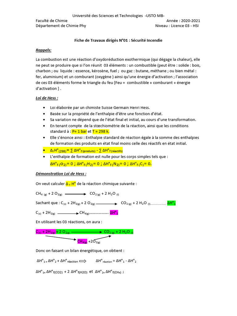 Sécurité Incendie et Loi de Hess en Chimie | PDF | Combustible | Chimie