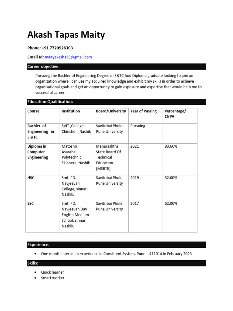 Akash Maity's Engineering Resume | PDF