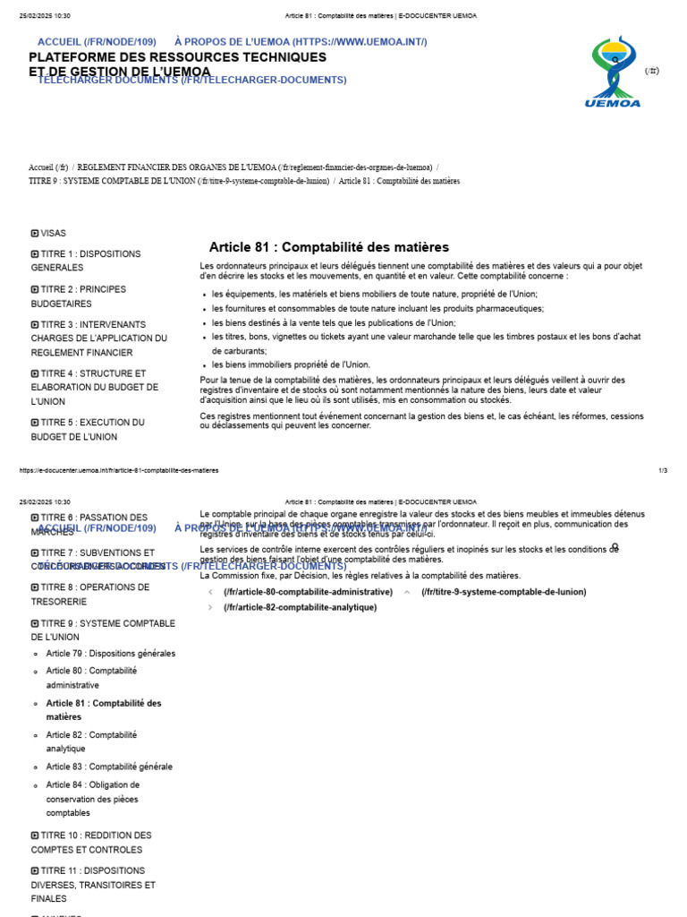 Article 81 - Comptabilité Des Matières - E-DOCUCENTER UEMOA | PDF ...