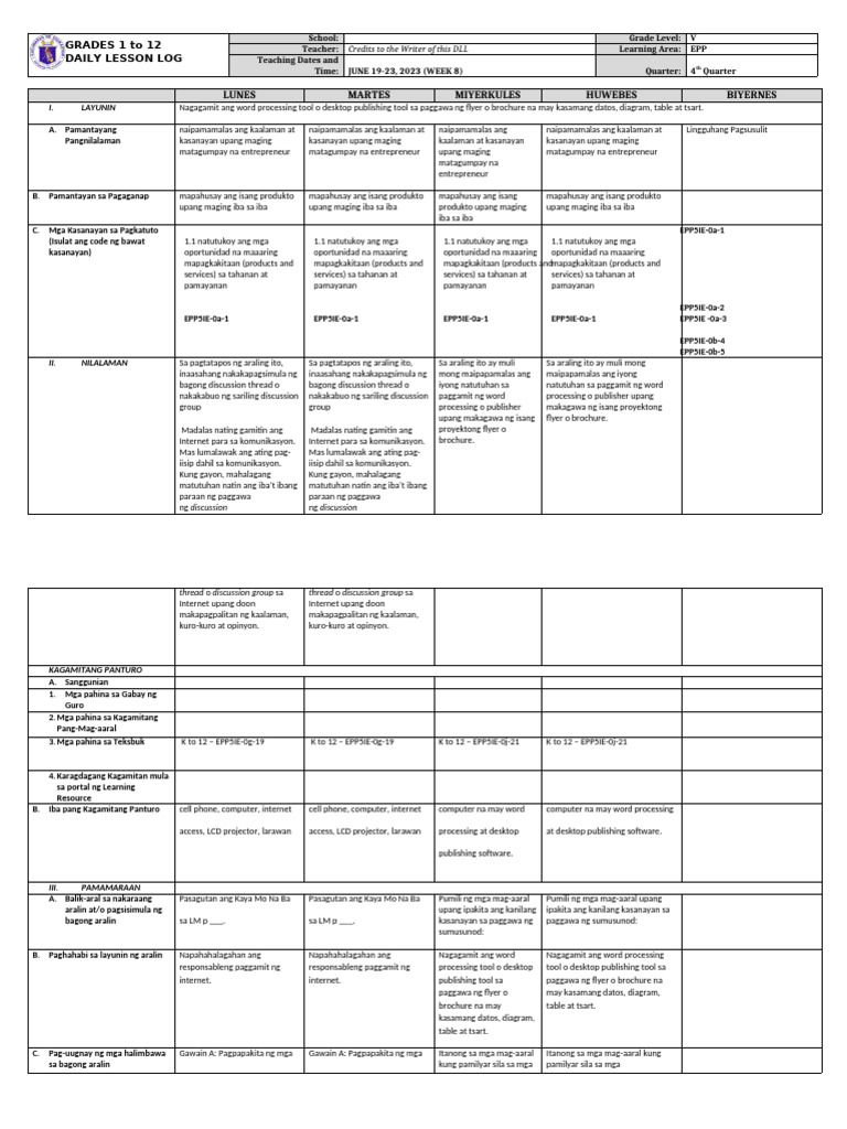 Grade 5 DLL EPP 5 Q4 Week 8 | PDF