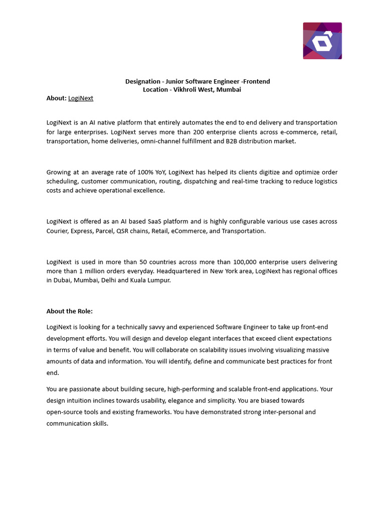 Junior Frontend Engineer Position at LogiNext | PDF | User Interface ...