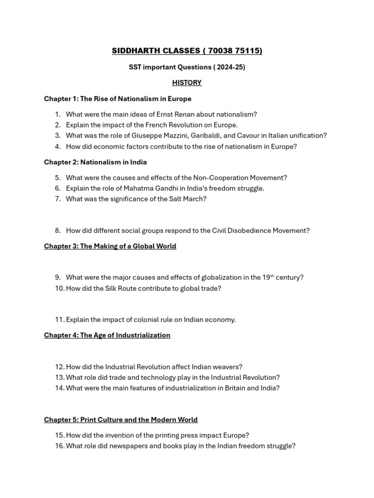 Important SST Questions for 2024-25 | PDF | Globalization | Democracy