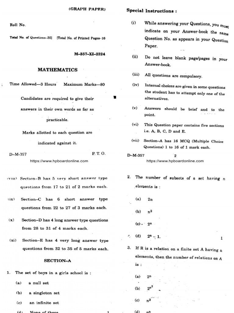 HP Board Class 11 Mathematics 2024 | PDF