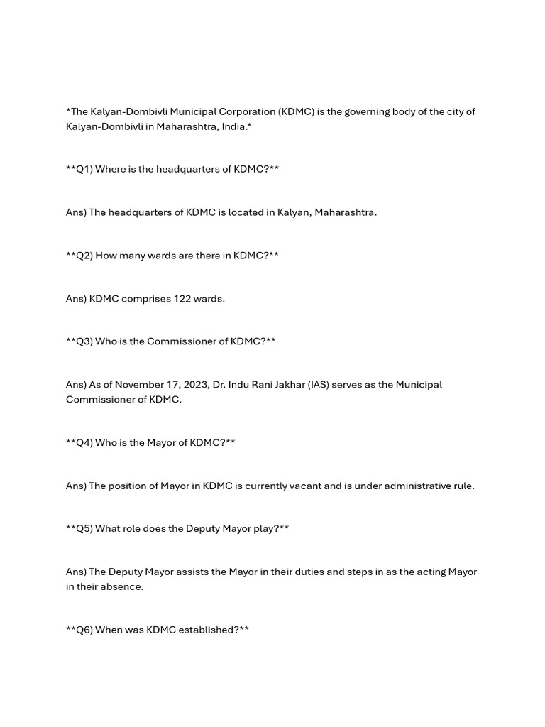 KDMC Overview: Governance & Services | PDF | Local Government