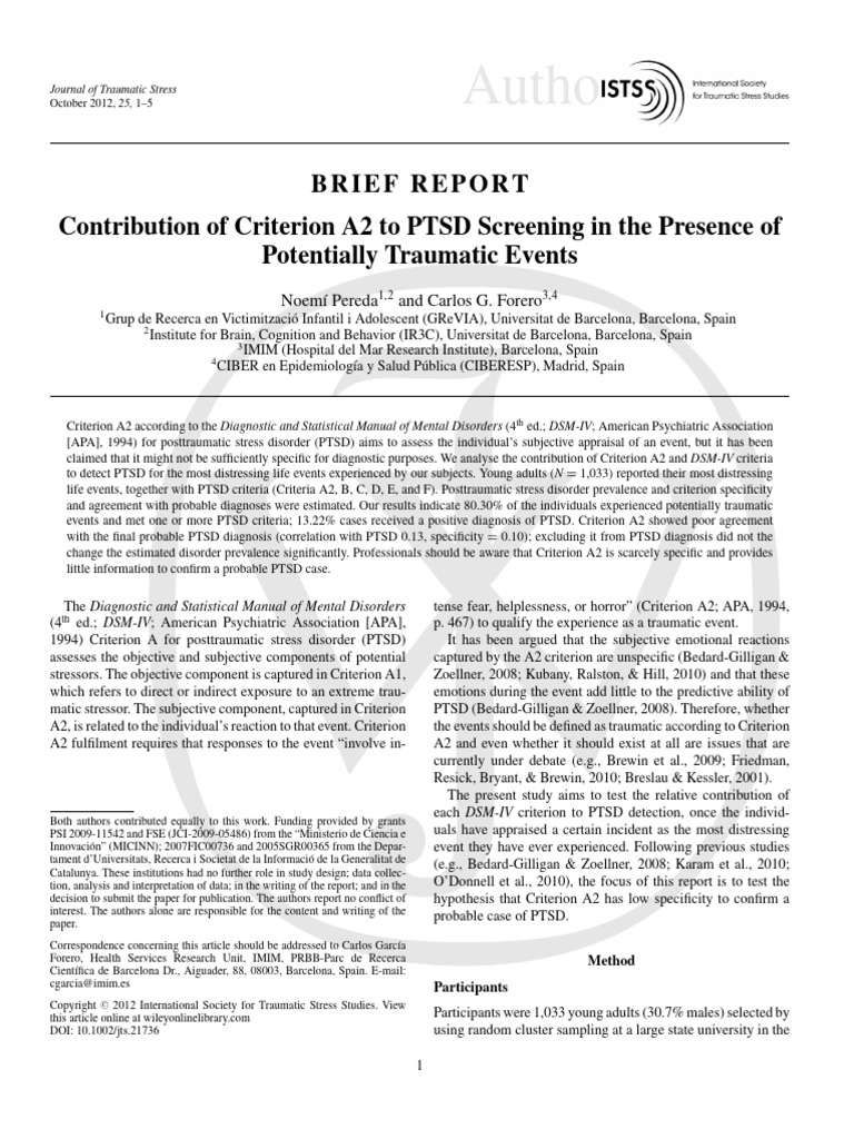 Contribution of Criterion A2 To PTSD SCR | PDF | Psychological Trauma ...