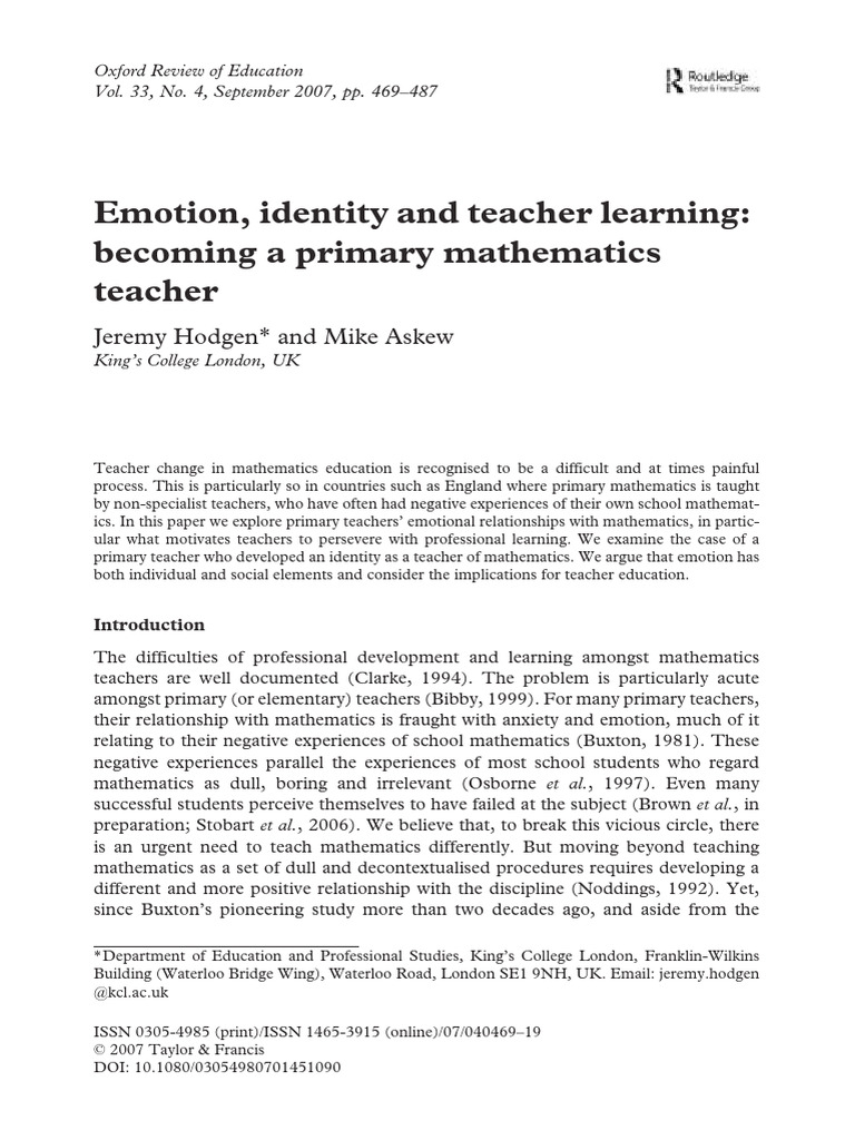 Teacher Emotions in Primary Math Education | PDF | Teachers | Mathematics