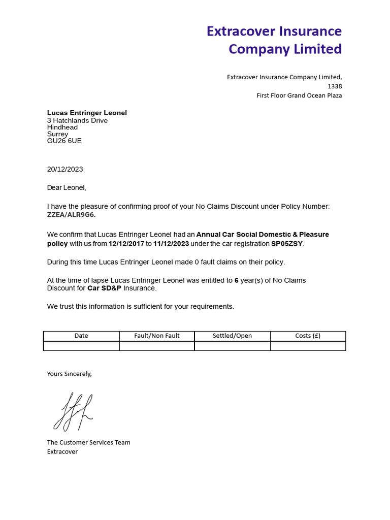 No Claims Discount Letter (NCD) - EICL | PDF