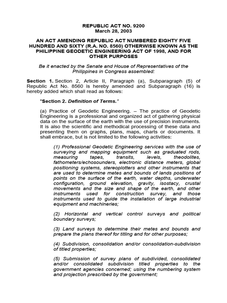 Amended Philippine Geodetic Engineering Act | PDF | Surveying ...