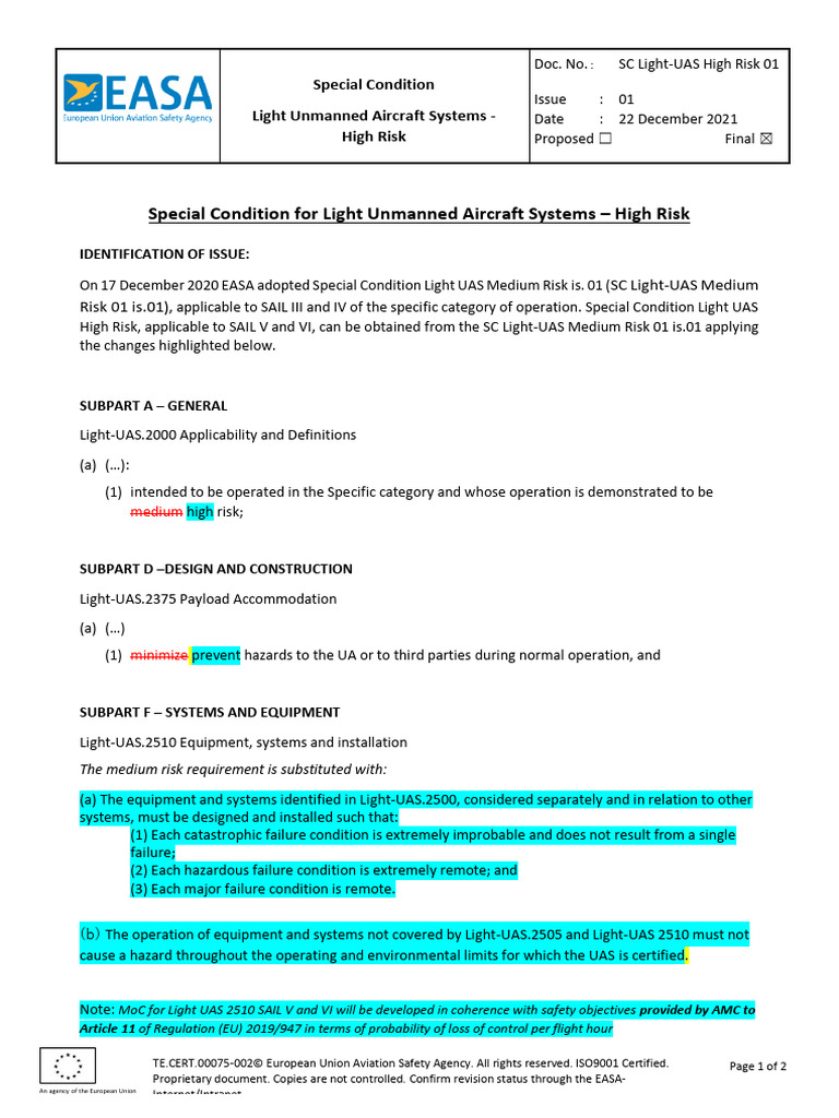 Special Condition for High-Risk UAS | PDF | Unmanned Aerial Vehicle | Risk