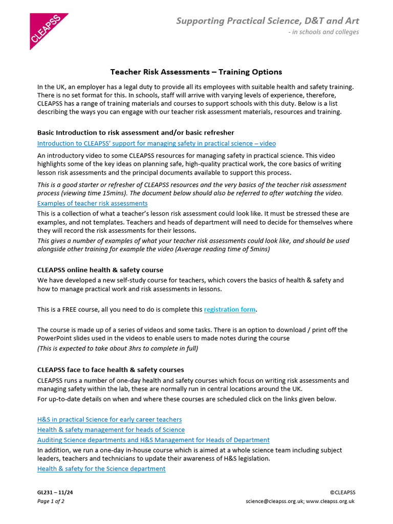CLEAPSS Teacher Risk Assessment Training | PDF | Teachers ...