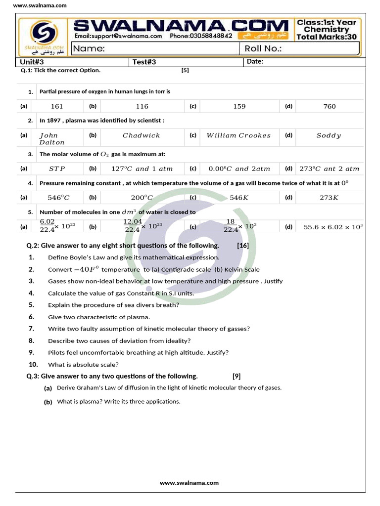 Chemistry Exam Questions | PDF | Gases | Temperature