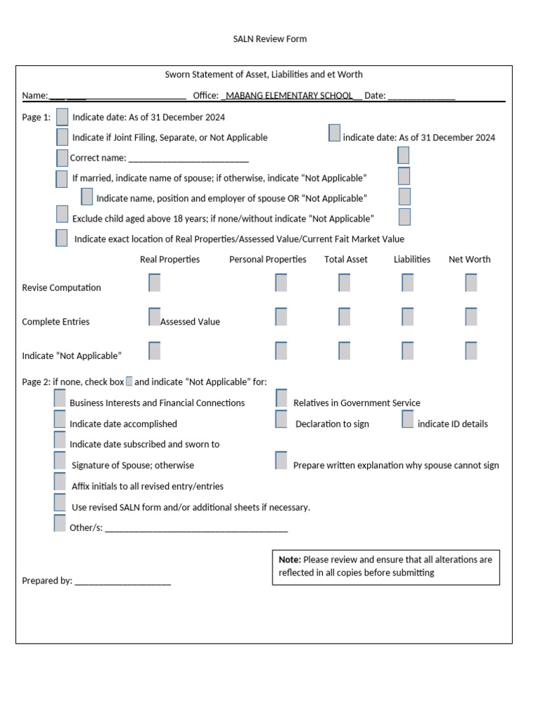 SALN Review Form MABANG ES | PDF