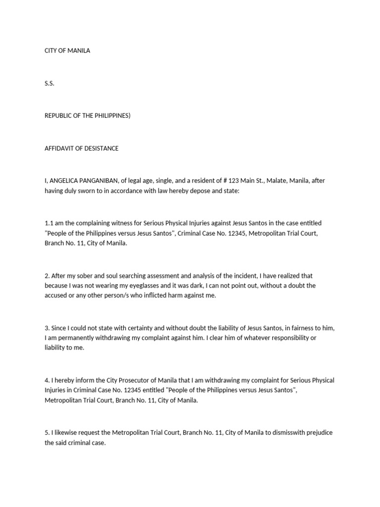 Affidavit of Desistance - Manila Case | PDF