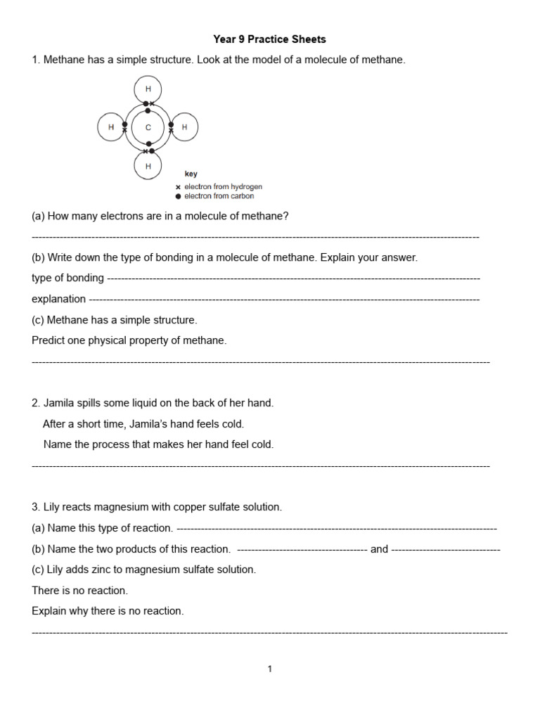 Year 9 Chemistry Practice Questions | PDF | Chemical Reactions | Ion
