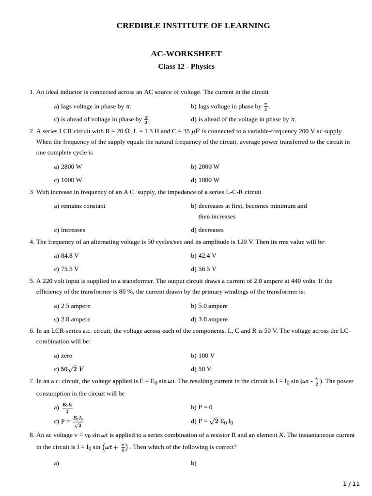 ac mcqs | PDF | Inductor | Capacitor