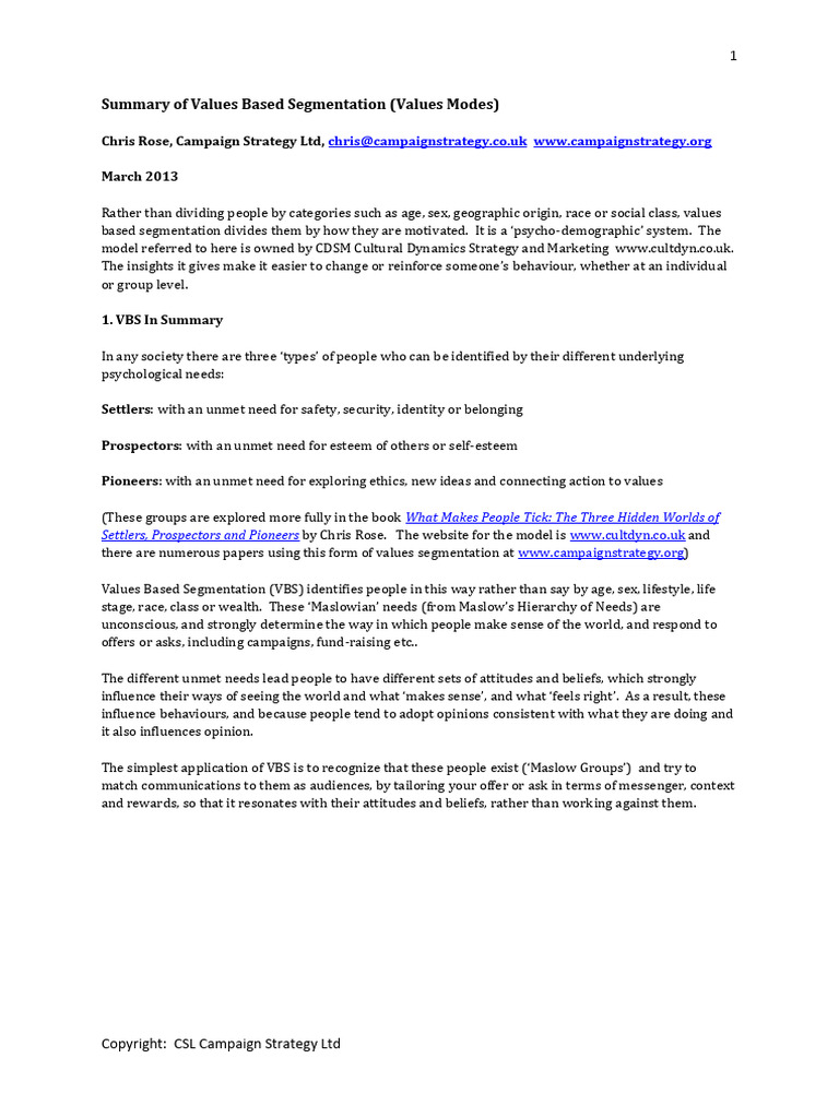 Summary of Values Based Segmentation CR CSL March 2013 | PDF | Self ...