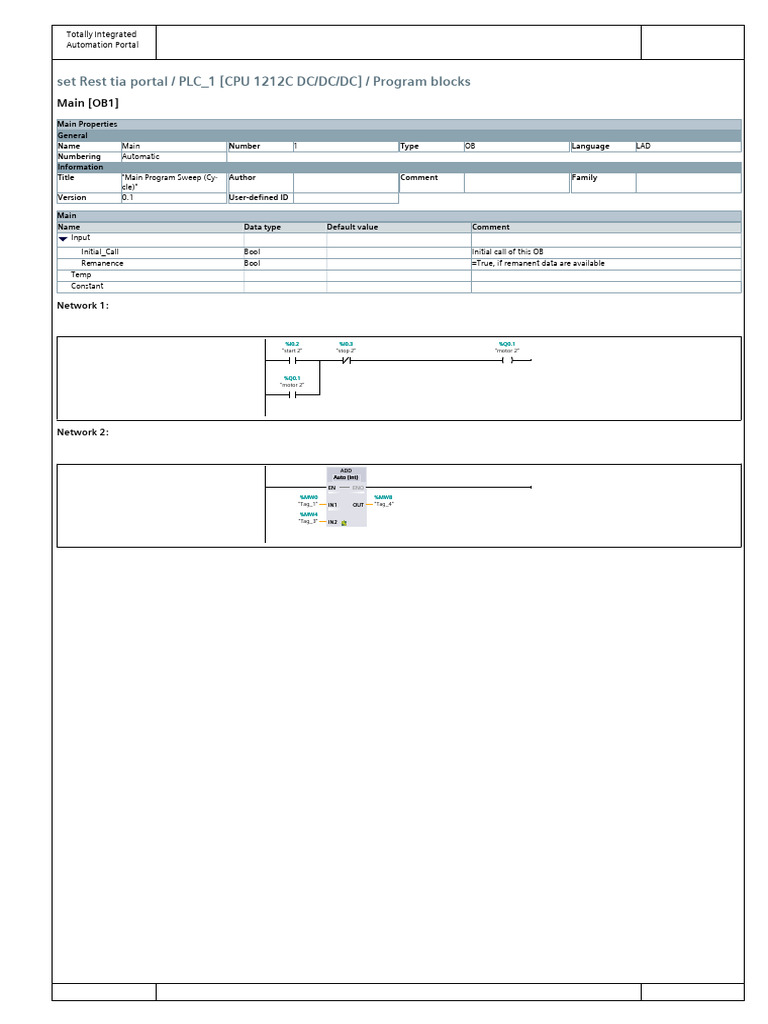 Set Rest Tia Portal / PLC - 1 (CPU 1212C DC/DC/DC) / Program Blocks | PDF