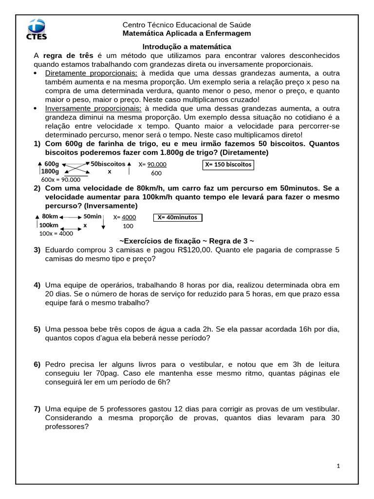Matemática na Enfermagem: Regra de Três | PDF | Concentração