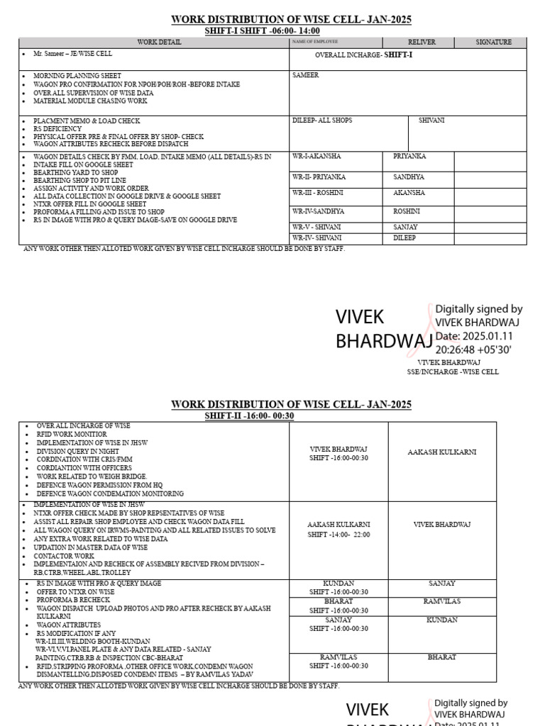 Work Distribution for WISE Cell - Jan 2025 | PDF