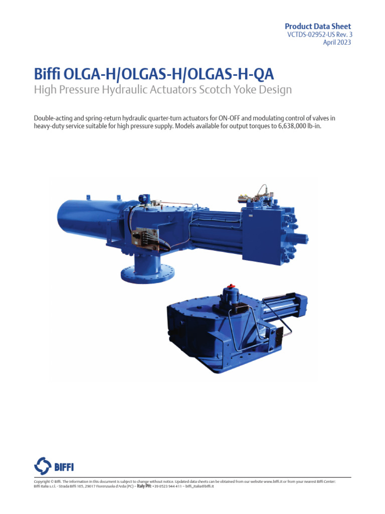 Biffi Olga H Olgas H High Pressure Hydraulic Actuators Scotch Yoke