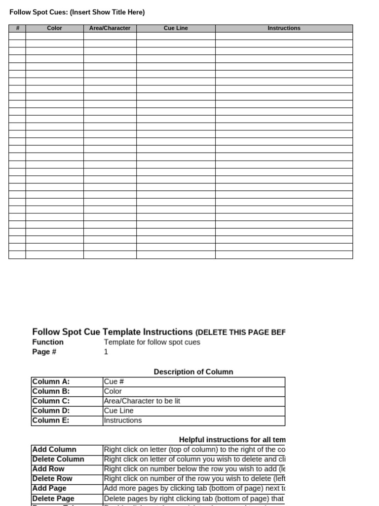 Follow Spot Cue Sheet Template | PDF
