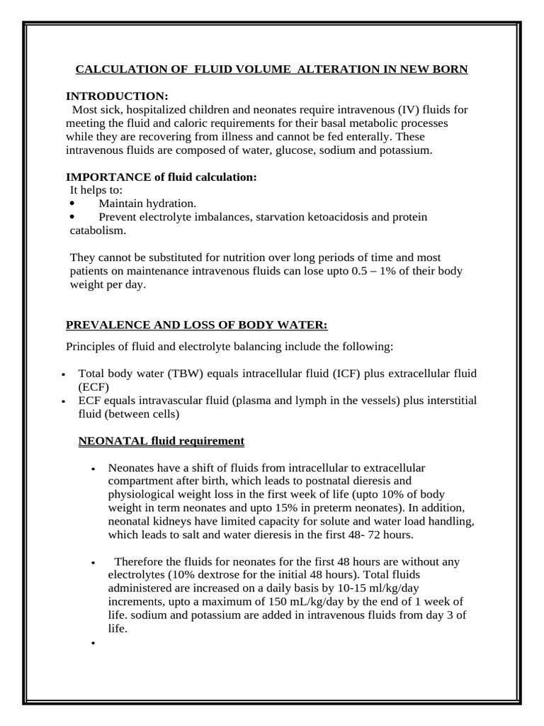 Neonatal Fluid Requirement Calculations | PDF | Vitamin | Medical ...