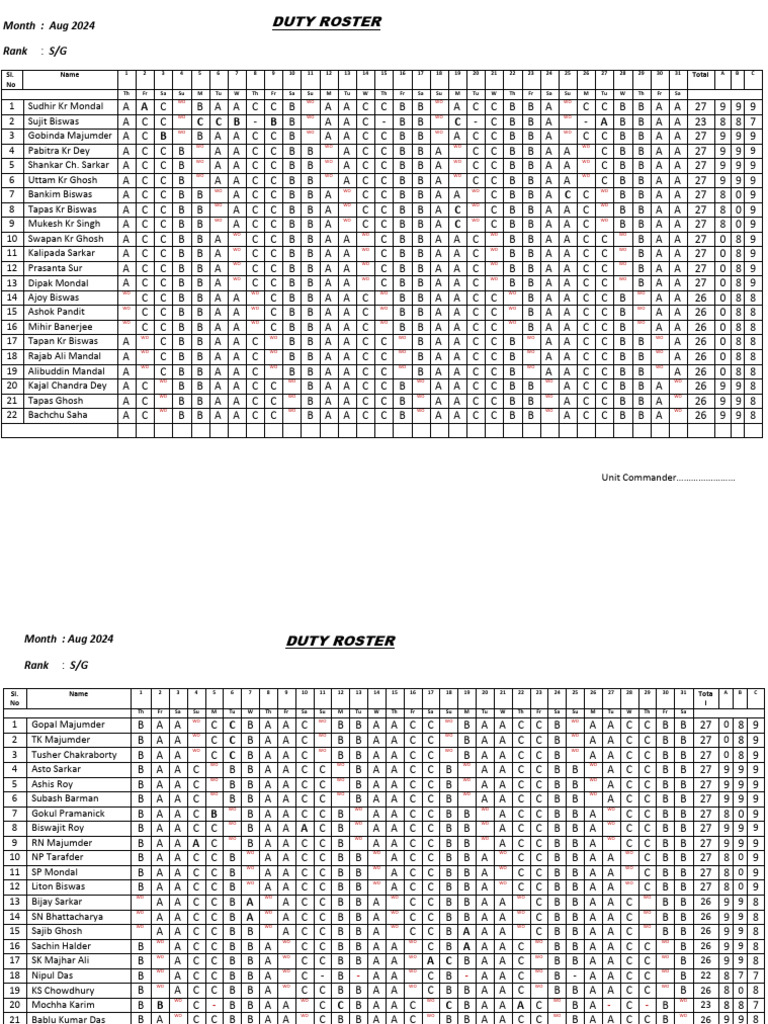 Roster Aug 24 | PDF