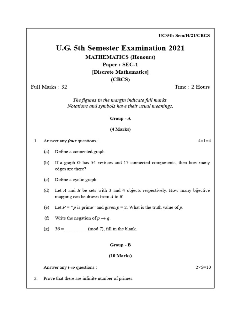 U.G. 5th Sem Discrete Mathematics Exam | PDF | Vertex (Graph Theory ...