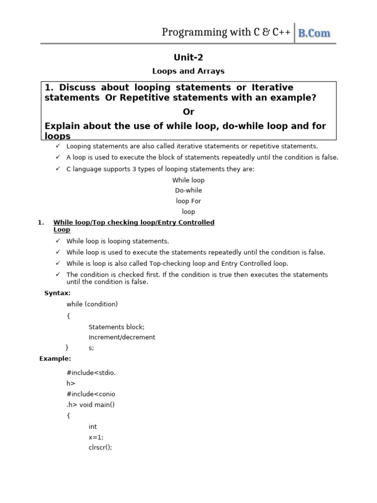 C & C++ Loops, Arrays, and Strings Explained | PDF | Parameter ...