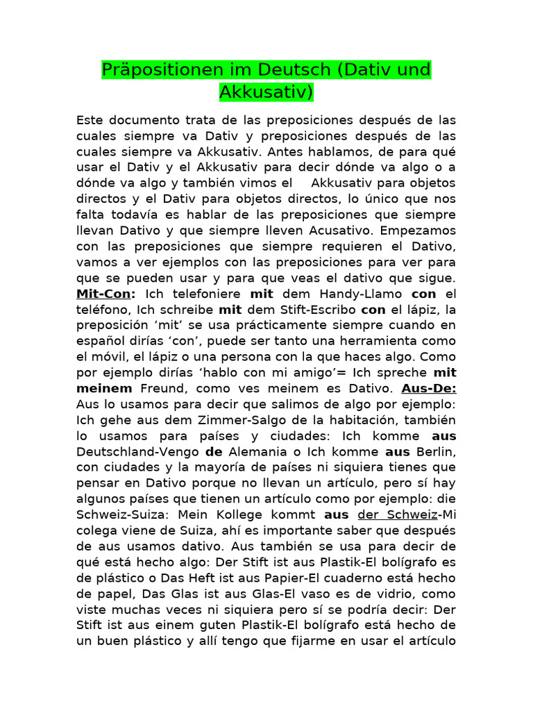 Preposiciones en alemán: Dativ y Akkusativ | PDF | Lingüística ...