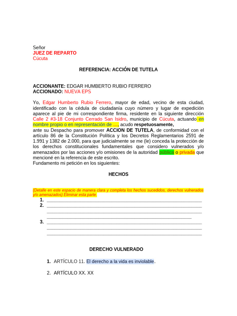 Modelo Acción de Tutela 1 | PDF | Gobierno | Justicia
