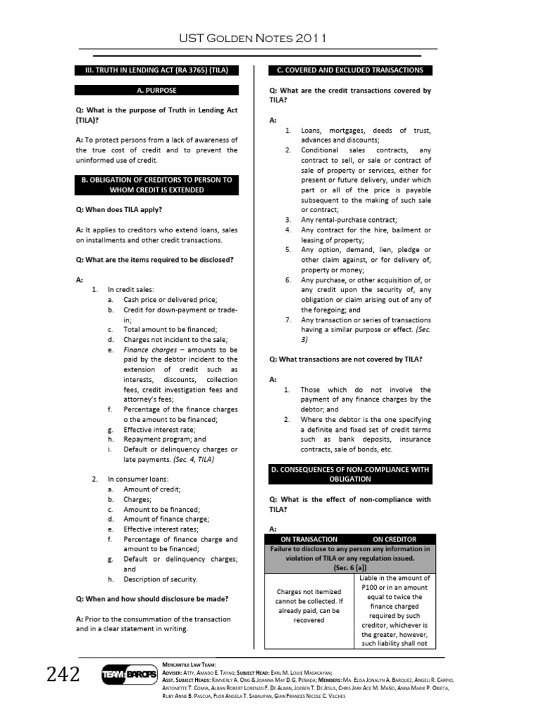 Truth in Lending Act - Golden Notes | PDF | Truth In Lending Act | Credit