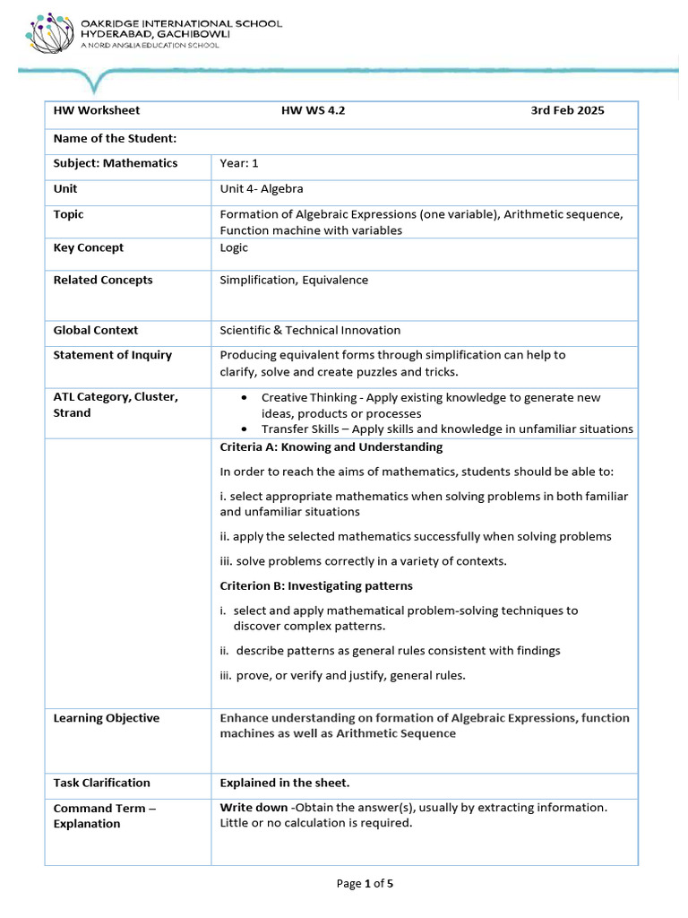 T - IB MYP YEAR-1 Math HW WS 4.2 | PDF | Mathematics | Algebra