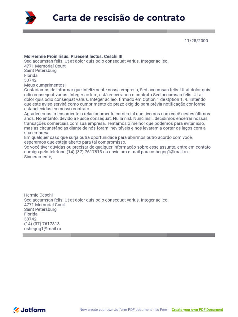 Carta de Rescisão de Contrato Empresarial | PDF