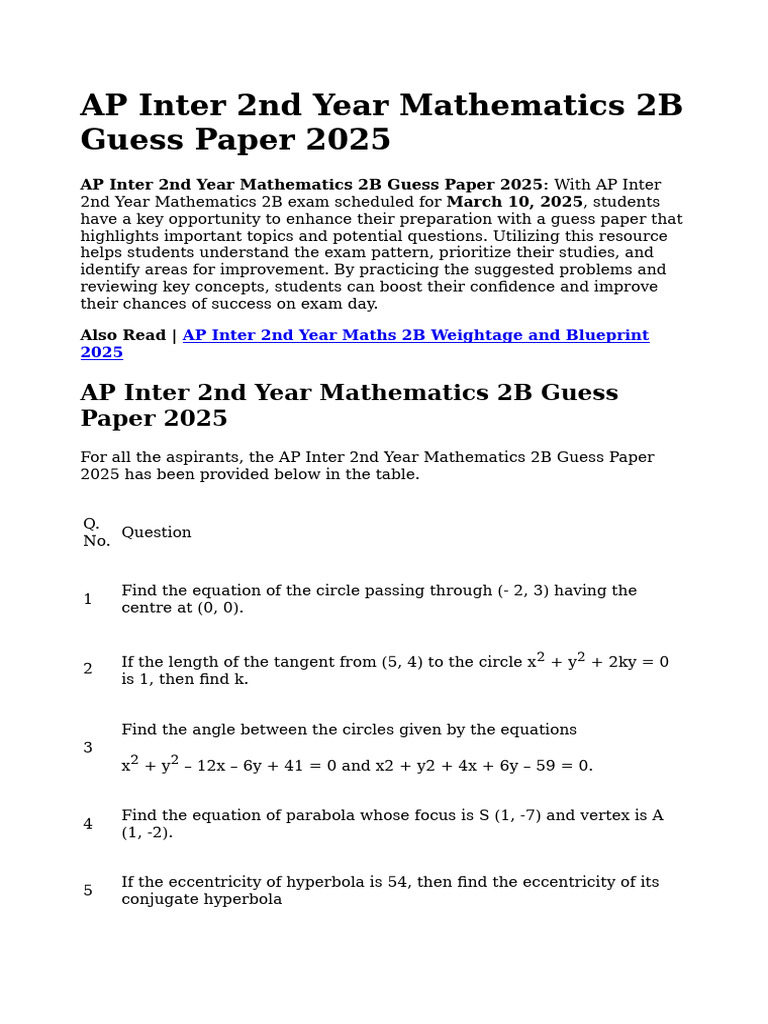 AP Inter 2nd Year Maths 2B Guess Paper 2025 | PDF | Euclidean Plane ...
