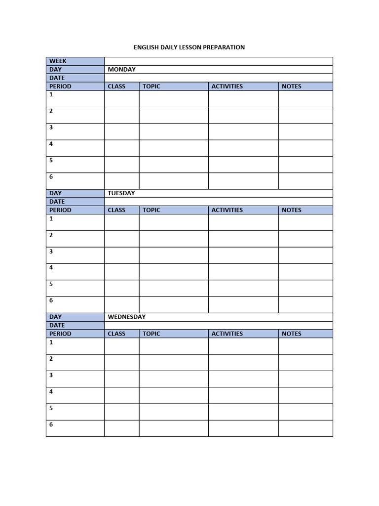 Weekly English Lesson Plan Template | PDF