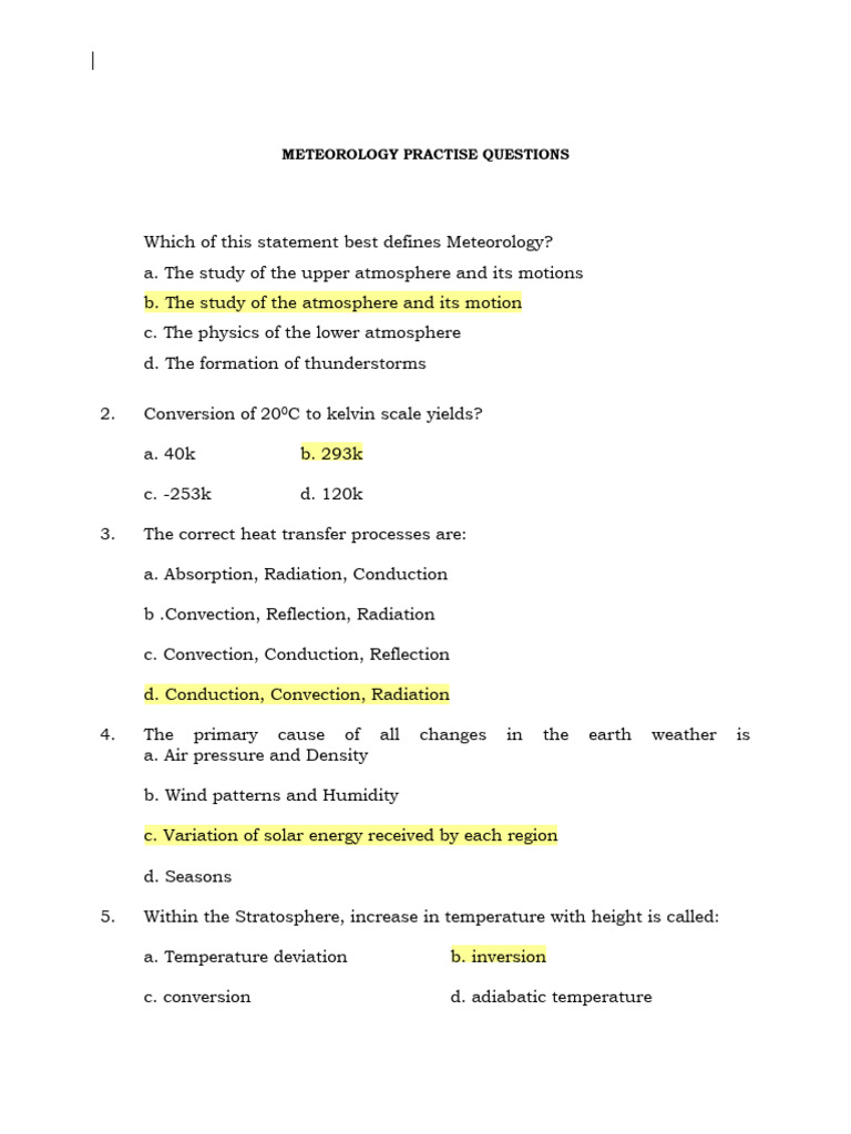 Meterology Practise Questions 67857 | PDF | Atmosphere Of Earth | Cloud