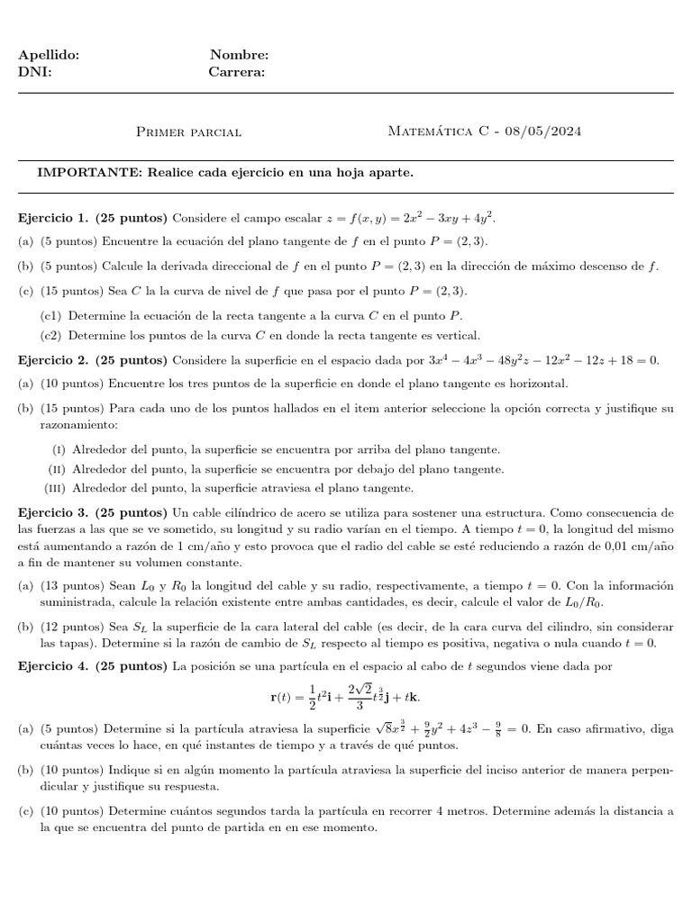 Examen de Matemáticas C: Parcial 1 | PDF | Tangente | Curva