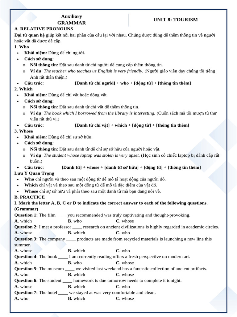 Auxilliary - Unit 8 - Grammar | PDF
