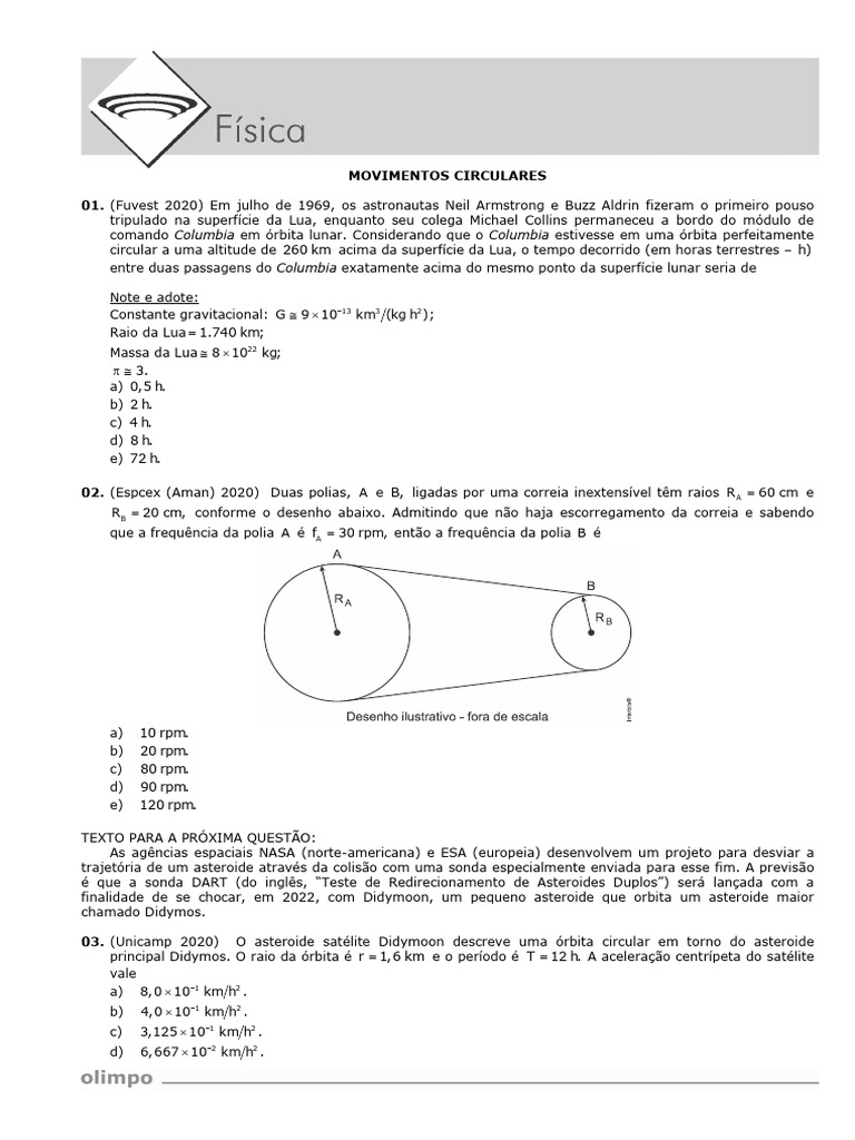 Movimentos Circulares: Questões e Respostas | PDF | Velocidade | Lua