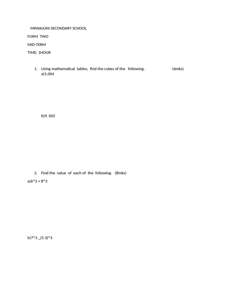 Mid-Term Math Exam for Form Two Students | PDF