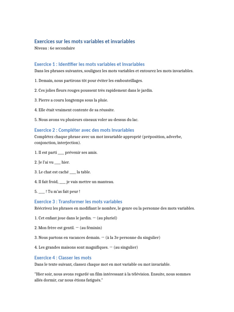 Exercices sur mots variables et invariables | PDF