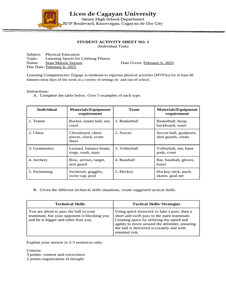 Sean Marion Sayson - Student Activity Sheet No. 1 | PDF | Ball Games ...