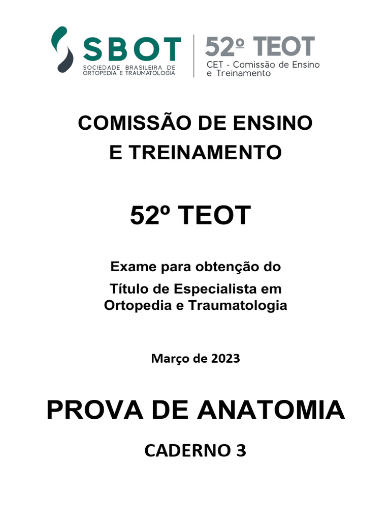 Prova de Anatomia - TEOT 2023 | PDF | Tecido macio | Anatomia humana