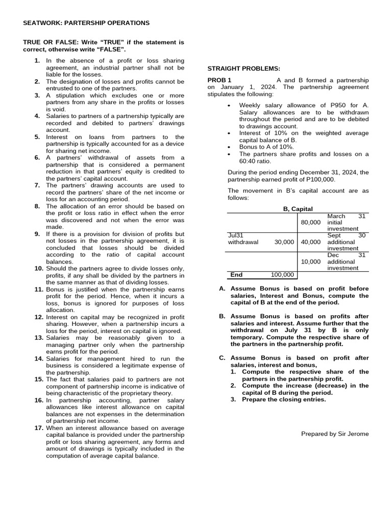 Partnership Operations True/False Quiz PDF Partnership Financial