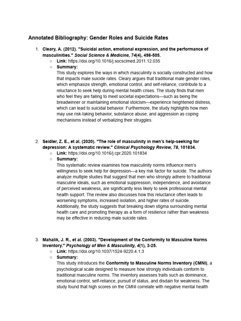 Annotated Bibliography - Gender Roles and Suicide Rates | PDF ...