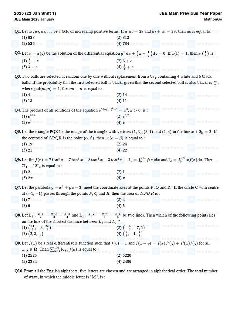 JEE Main 2025 Jan 22 Shift 1 Paper | PDF | Capacitor | Isomer