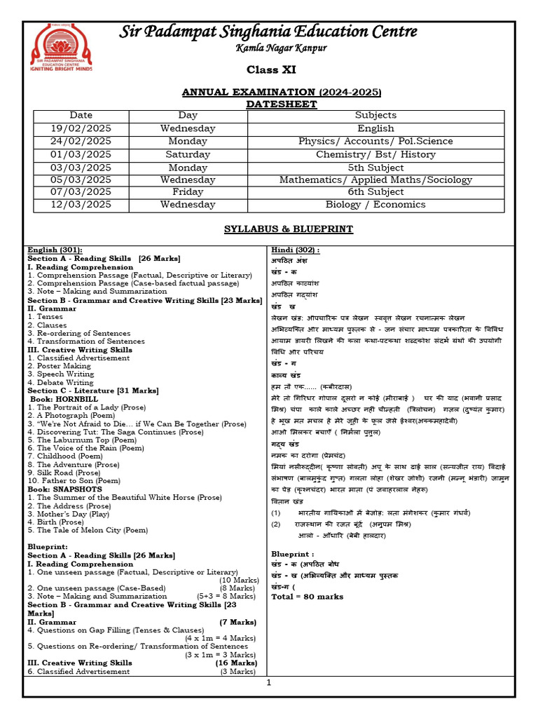 Class XI Annual Exam Datesheet 2024-25 | PDF | Chemistry | Marketing